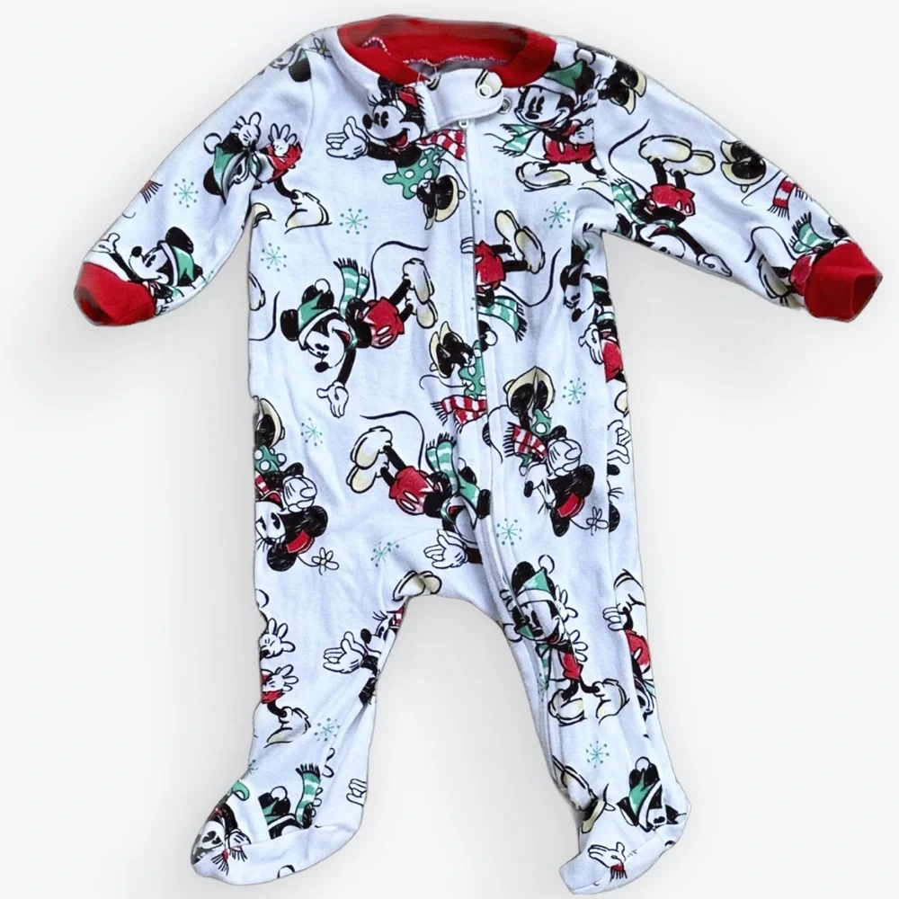 DISNEY Mickey & Minnie Mouse Winter Full-Zip Footed Red Trim Onesie ~ 0-3 mos